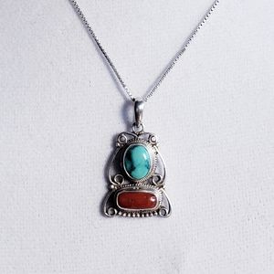 Genuine Turquoise and Coral Sterling 925 Pendant